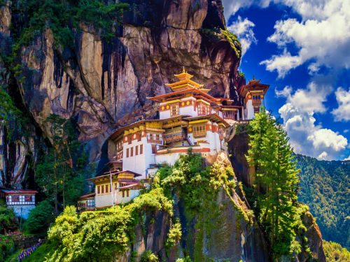 Panorama view of Tiger nest monastery on a bright bluesky day, Taktshang Goemba, Paro, Bhutan